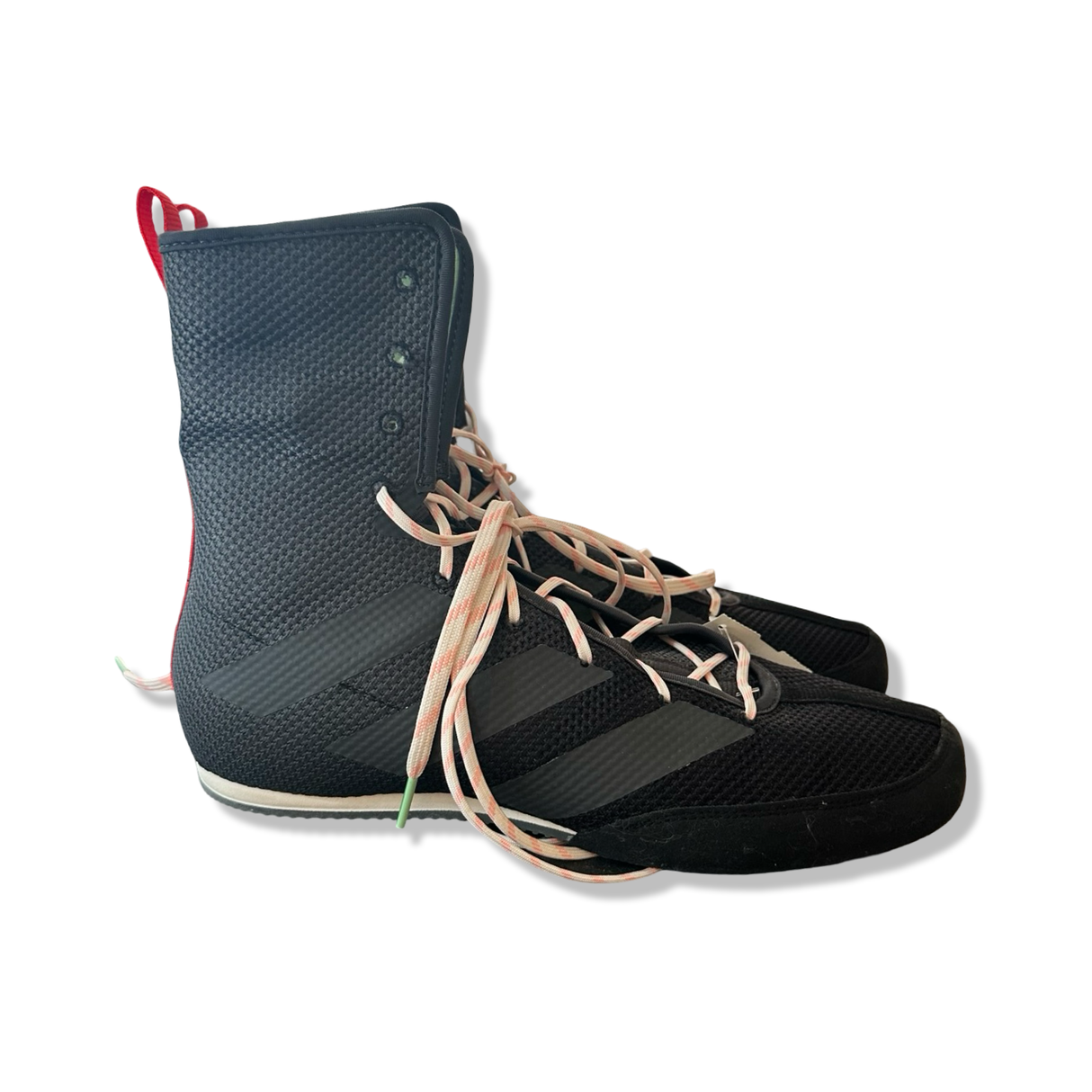 Black Adidas men's high-top boxing shoes with light-colored laces, photographed from the side against a white background.
