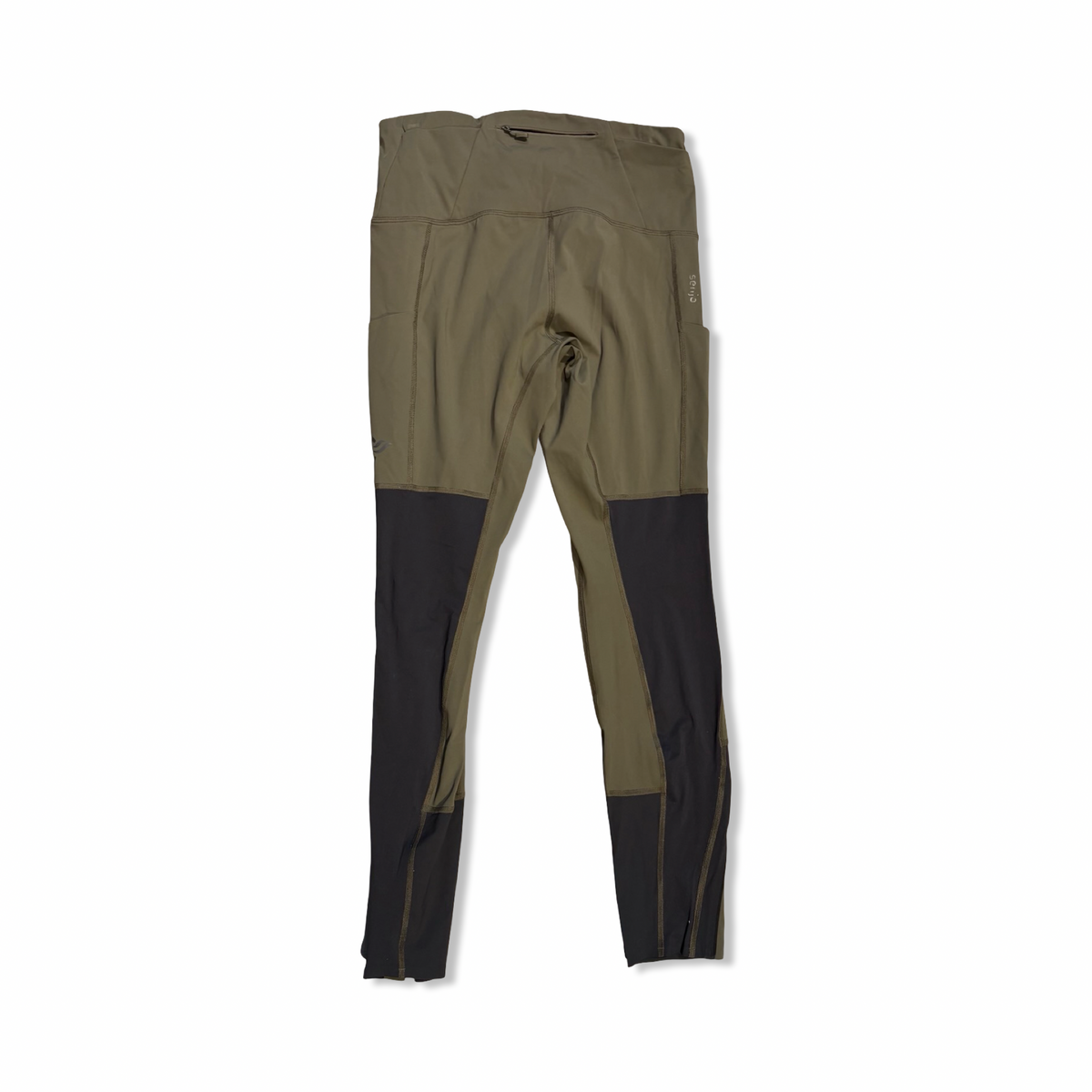 Back view of green Norröna women's training tights with black details against a white background.