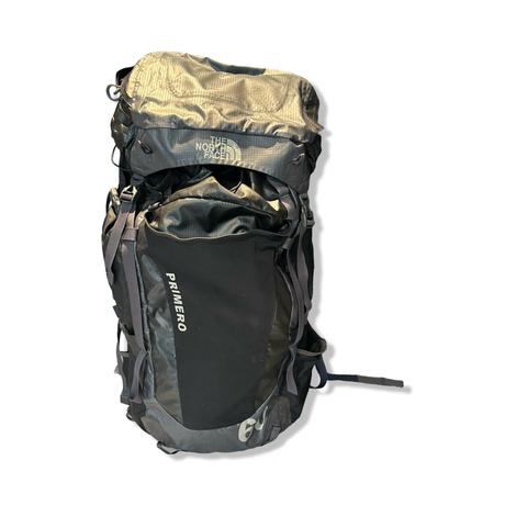 Black The North Face Primero 60L unisex backpack, front view against a white background.