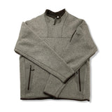 Beige Arc'teryx men's fleece cardigan with zipper, front view against a white background.