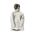 Beige parkas från Timberland för dam med huva och fuskpäls, fotograferad framifrån mot en vit bakgrund.