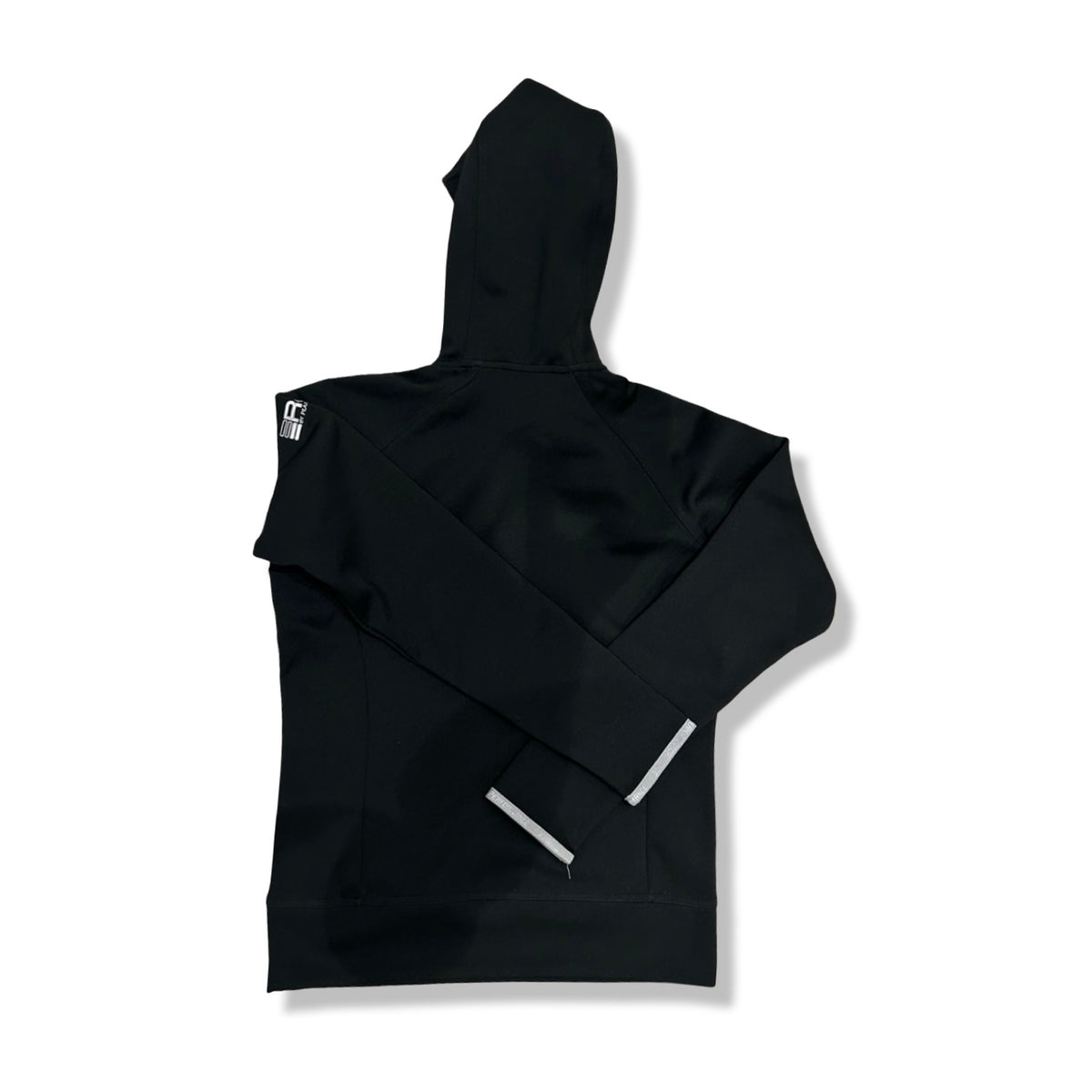 Back view of a black Peak Performance training hoodie against a white background.