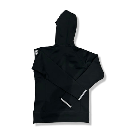 Back view of a black Peak Performance training hoodie against a white background.