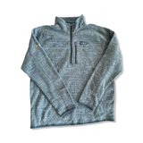 Grey heathered men's Patagonia Better Sweater fleece with a quarter-zip, flat lay against a white background.