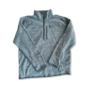 Grey heathered men's Patagonia Better Sweater fleece with a quarter-zip, flat lay against a white background.