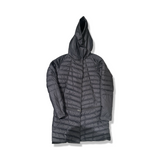 Black Peak Performance women's hooded down jacket, front view against a white background.