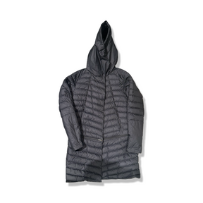 Black Peak Performance women's hooded down jacket, front view against a white background.