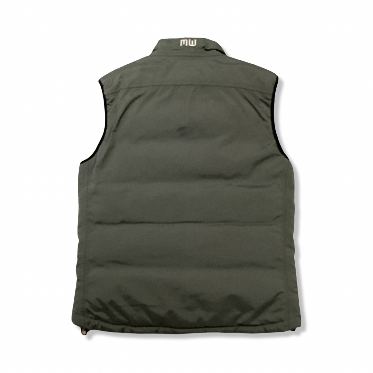 Green Mountain Works women's down vest, back view against a white background.