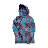 Multi-colored Burton women's patterned ski jacket with a hood, front view against a white background.