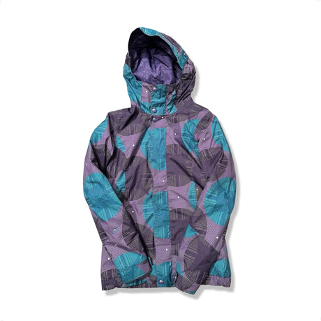 Multi-colored Burton women's patterned ski jacket with a hood, front view against a white background.