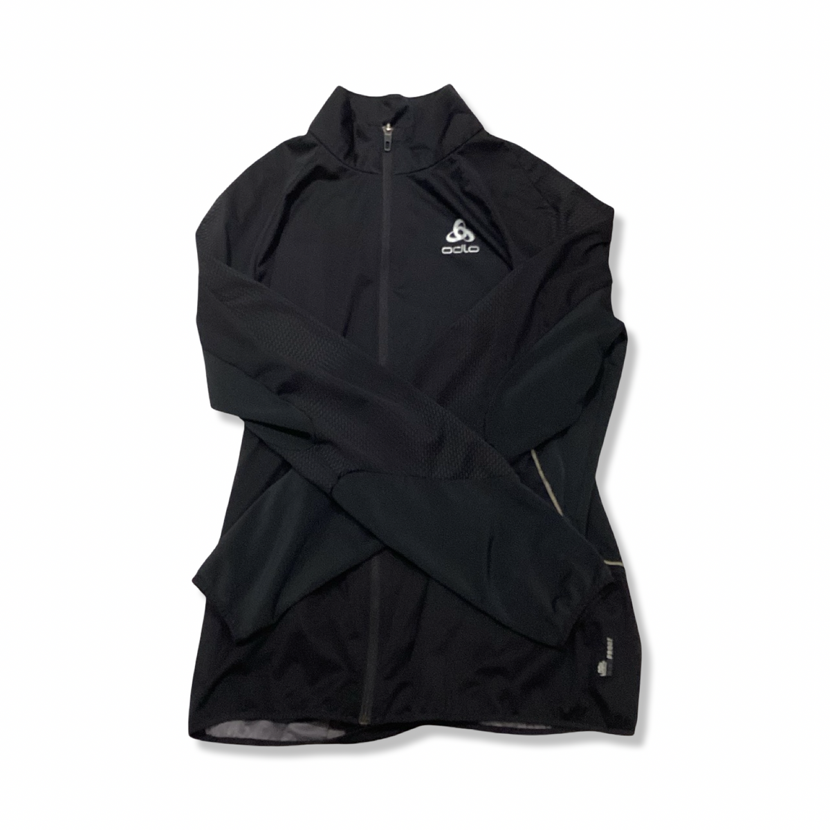 Black New Balance athletic jacket with a zipper, front view against a white background.