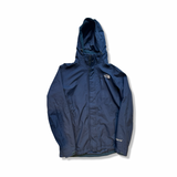 Blue hooded shell jacket from The North Face for men, with a zipper, photographed from the front against a white background.