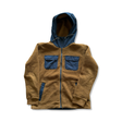 Mustard yellow men's fleece cardigan from Vaude with a hood and dark blue chest pockets, photographed against a white background.