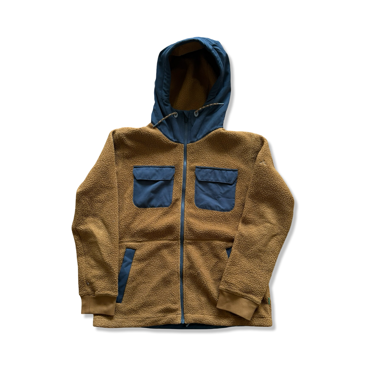 Mustard yellow men's fleece cardigan from Vaude with a hood and dark blue chest pockets, photographed against a white background.