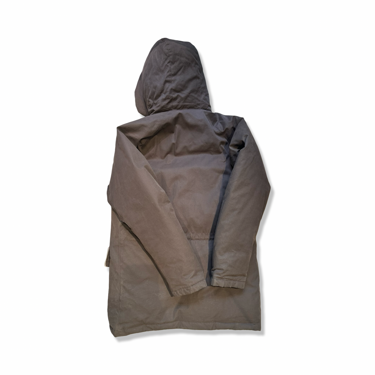 Brown Peak Performance men's down jacket with a hood, back view against a white background.