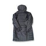 Back view of a black Peak Performance women's down jacket with a hood against a white background.