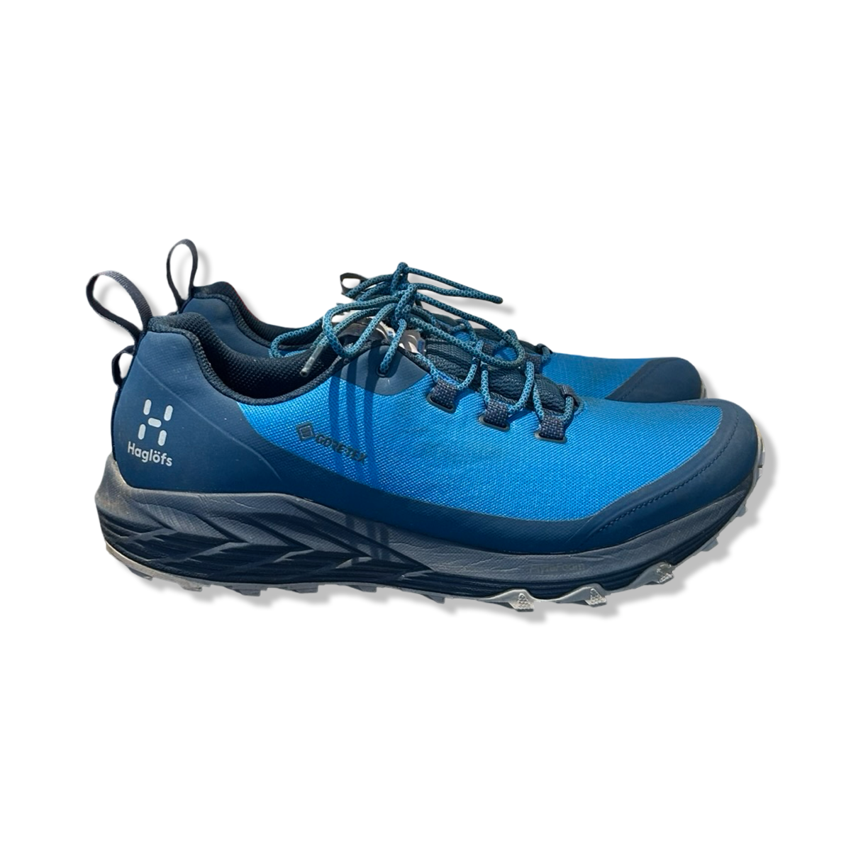 Blue Haglöfs L.I.M FH GTX Low men's hiking shoes, side view against a white background.