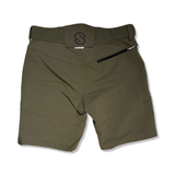 Green Stellar Equipment women's shorts with a zipper pocket, rear view against a white background.