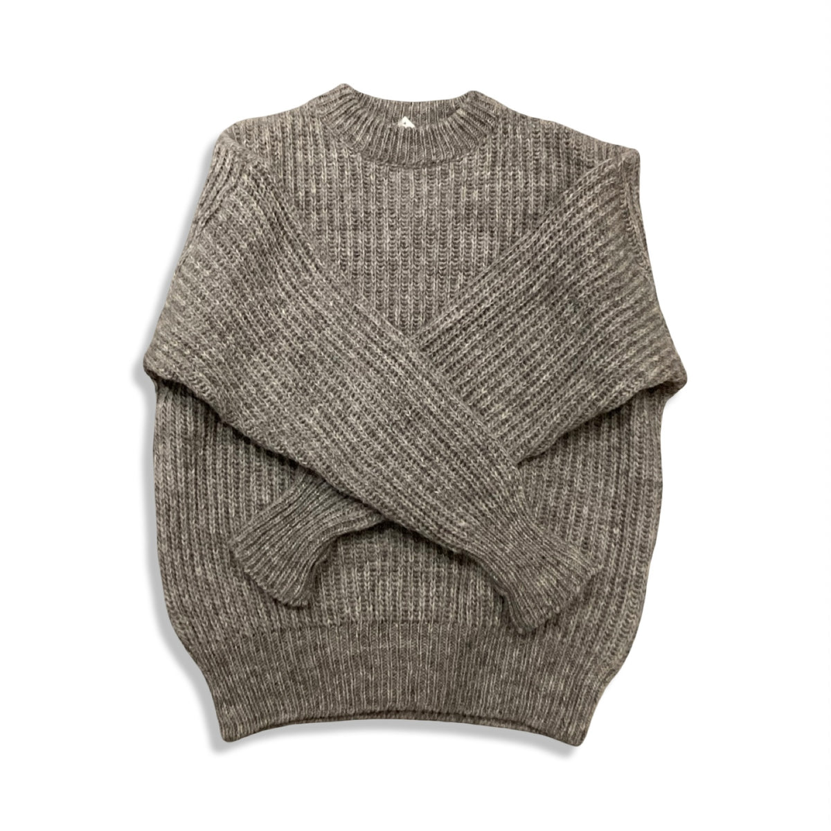 Grey knitted crew neck men's sweater, front view against a white background.
