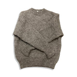 Grey knitted crew neck men's sweater, front view against a white background.