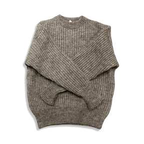 Grey knitted crew neck men's sweater, front view against a white background.