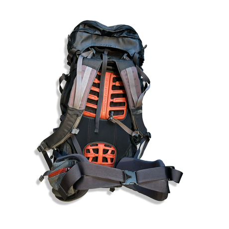 Black The North Face Primero 60L unisex backpack, back view showing the carrying system with orange details against a white background.