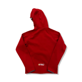 Back view of a red Peak Performance men's hoodie against a white background.