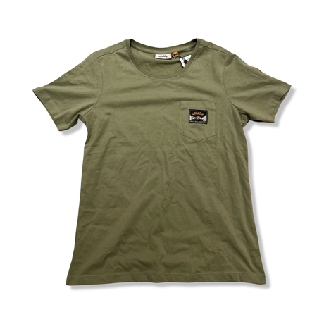 Green Lundhags women's Knak Tee t-shirt with a chest pocket, front view against a white background.