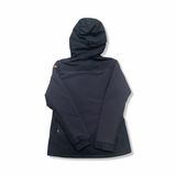 Blue Fjällräven women's hooded rain coat, back view against a white background.