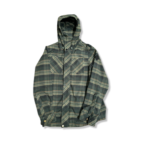 Green plaid O'Neill men's functional jacket with a hood, front view against a white background.