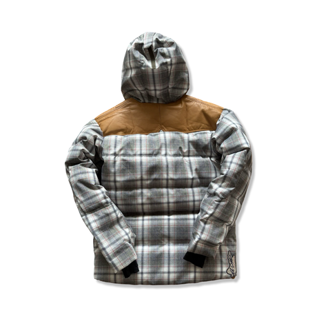 Grey and plaid Peak Performance men's ski jacket with a hood, rear view against a white background.