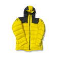 Yellow and black Haglöfs L.I.M ZT II BIG Belay men's hooded down jacket, front view against a white background.