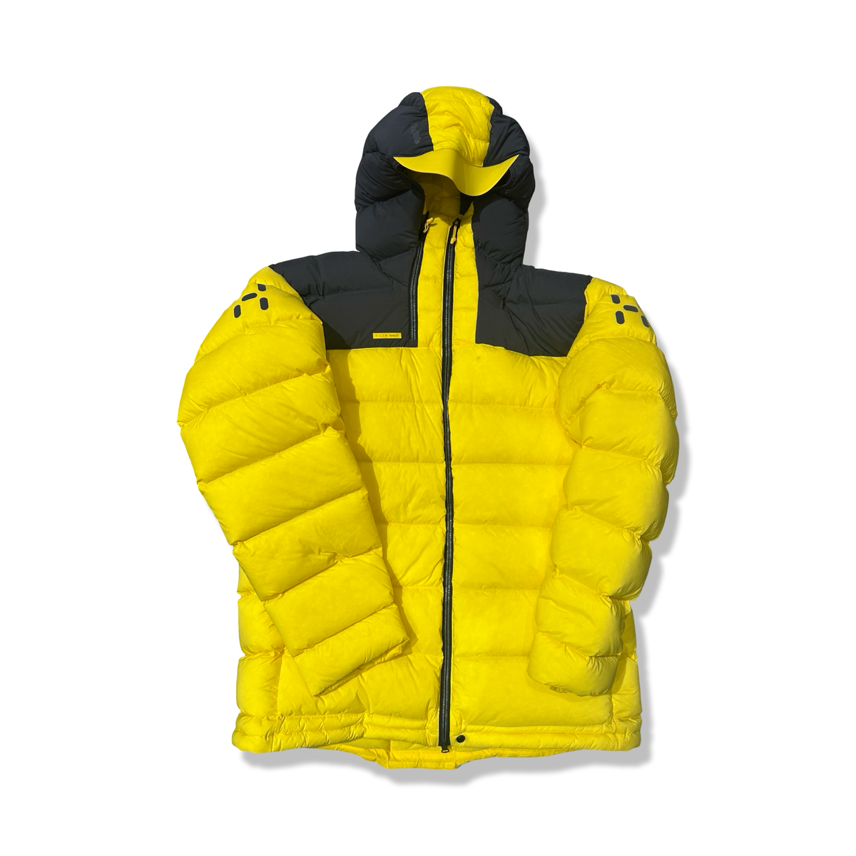 Yellow and black Haglöfs L.I.M ZT II BIG Belay men's hooded down jacket, front view against a white background.