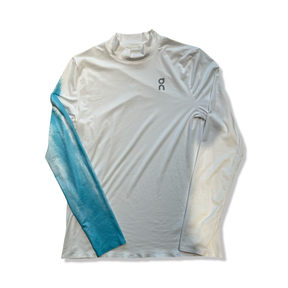 White and light blue men's long-sleeve performance top from ON, front view against a white background.