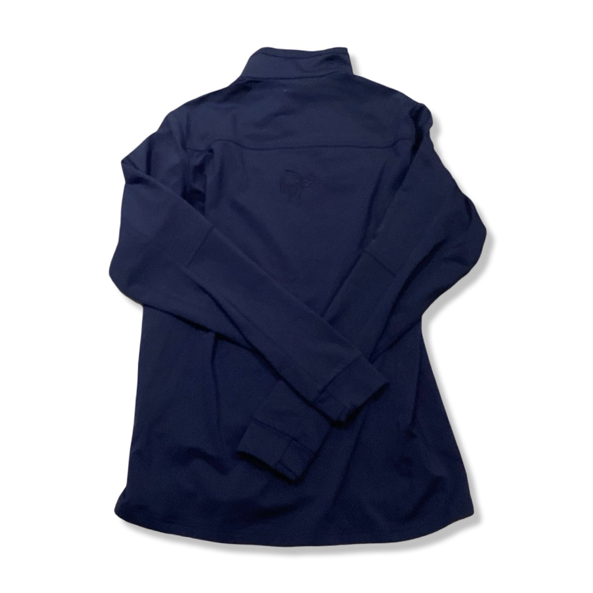 Baksidan av en blå Norröna falketind warm1 stretch jacket för dam, fotograferad mot en vit bakgrund.