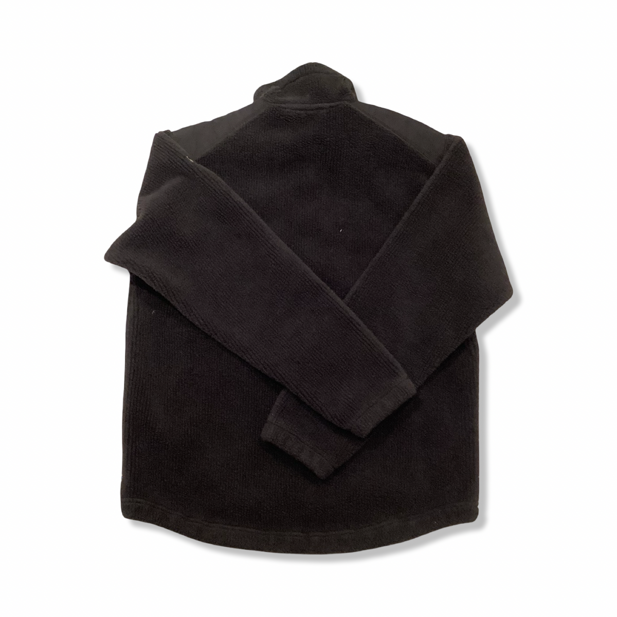 Back view of a black Fjällräven men's fleece cardigan against a white background.