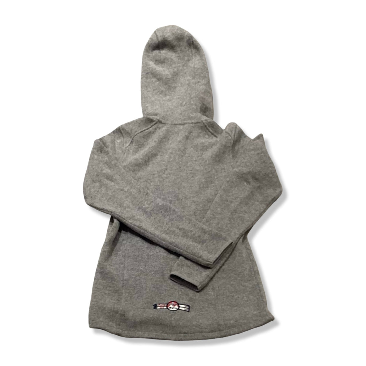 Baksidan av en grå Fleecehoodie Bergans 1919 kollenwool lady jumper för dam med huva, fotograferad mot en vit bakgrund.
