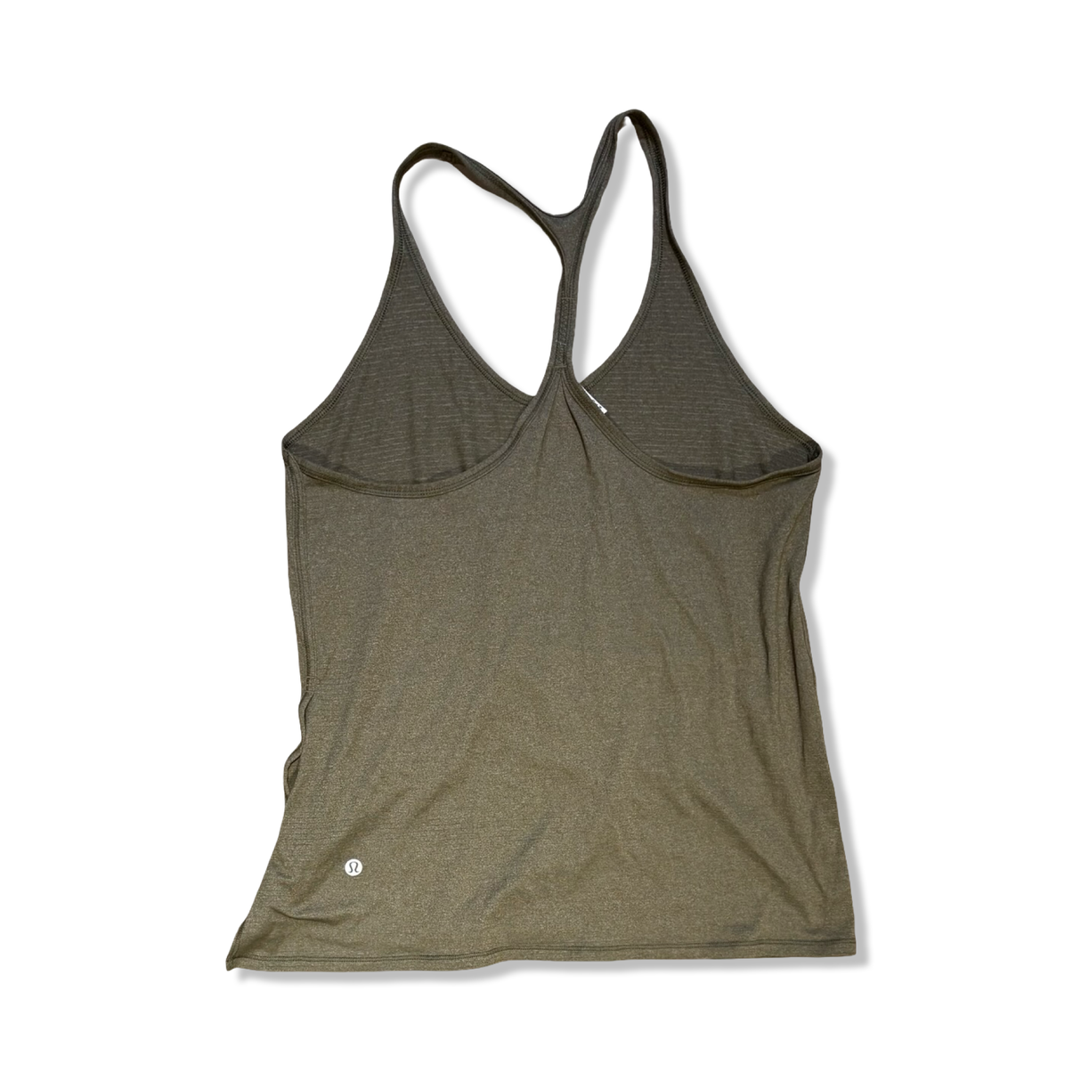 Back view of a green Lululemon women's workout tank top with a racerback style, shown against a white background.