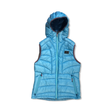 Turquoise Elevenate women's down vest with a hood, front view against a white background.