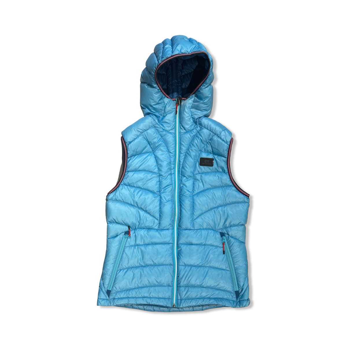 Turquoise Elevenate women's down vest with a hood, front view against a white background.