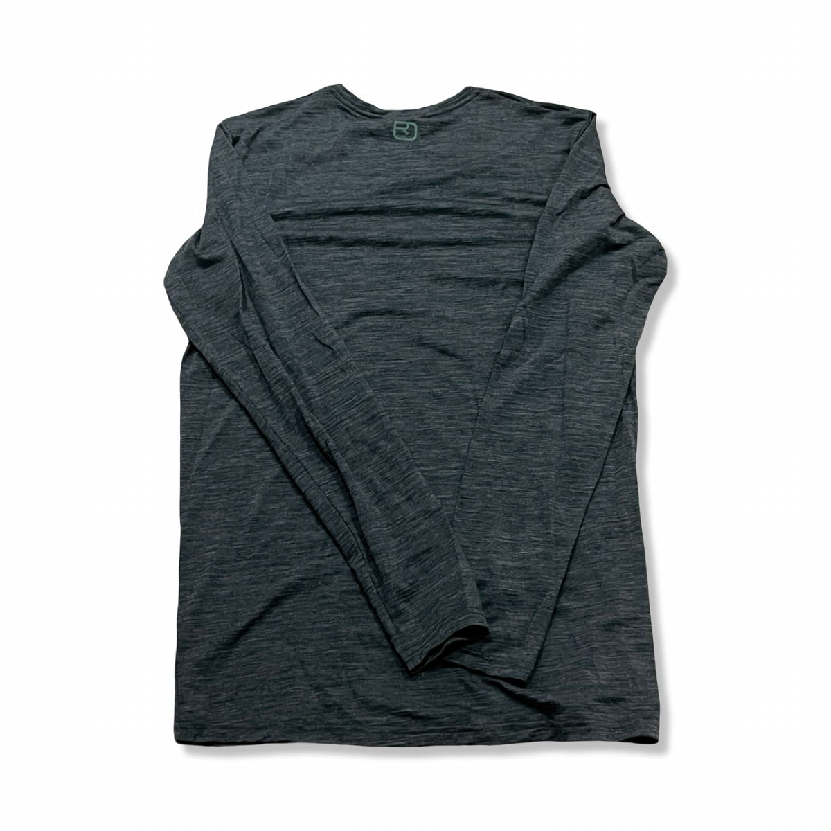 Back view of a green Ortovox men's base layer top against a white background.
