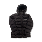 Black hooded down jacket from Peak Performance for men, front view against a white background.