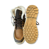 Brown Helly Hansen Garibaldi V3 winter boots for men with white fur trim and treaded outsole, shown against a white background.