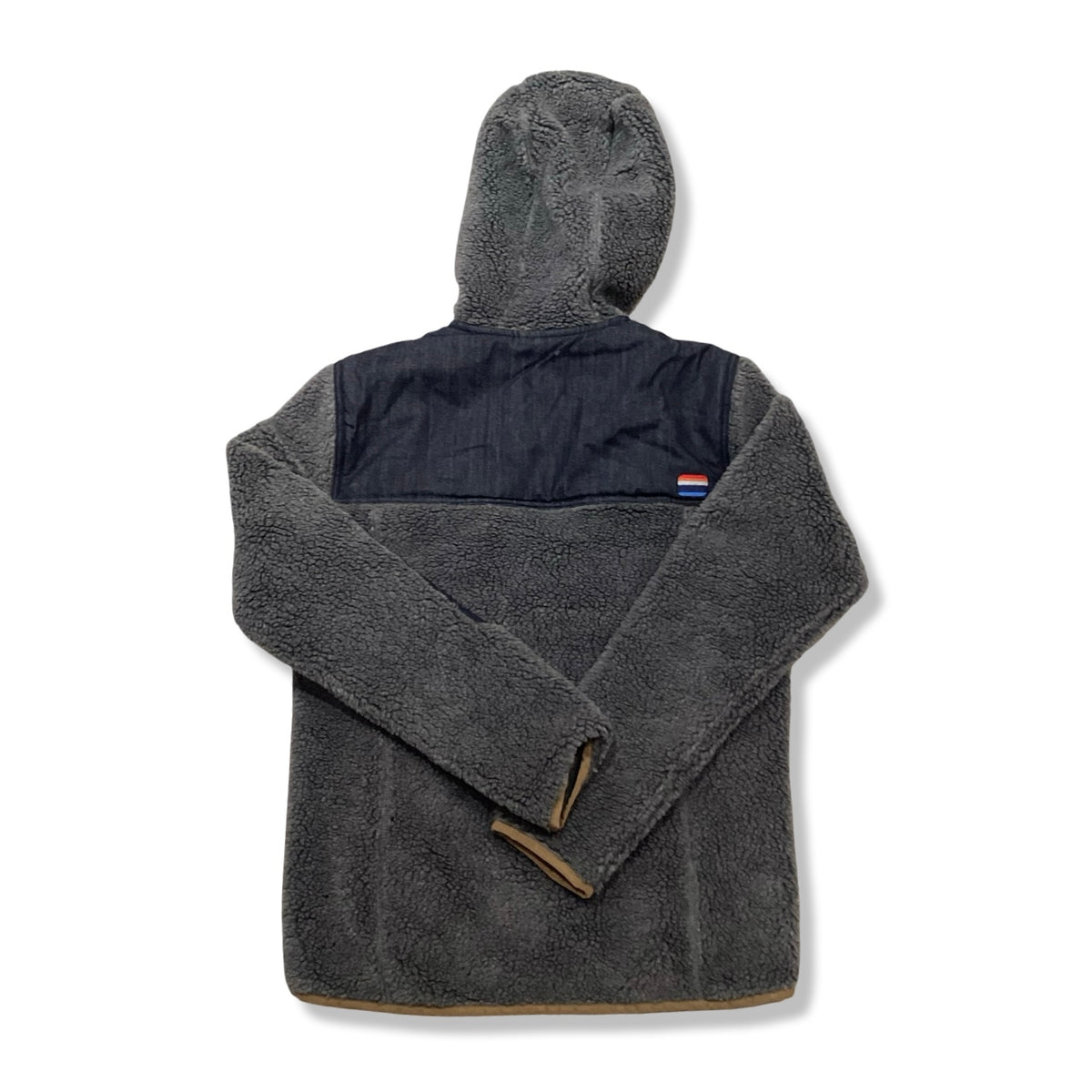 Back view of a grey Elevenate men's fleece cardigan with a hood against a white background.