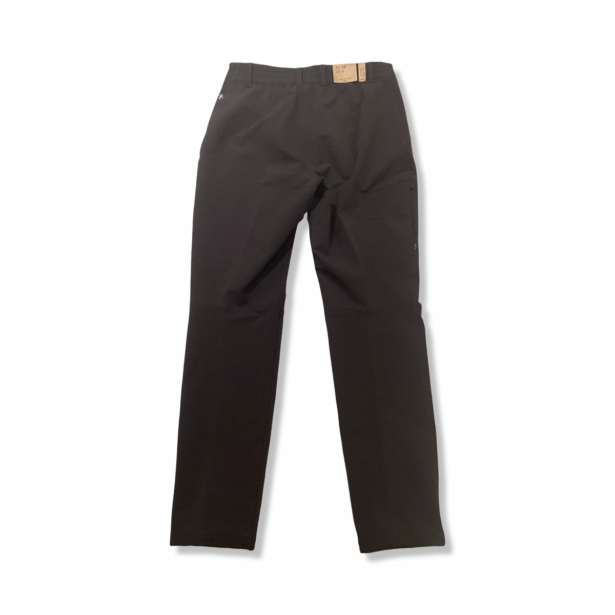 Baksidan av ett par bruna Fjällräven Abisko winter stretch trousers för dam, fotograferade mot en vit bakgrund.