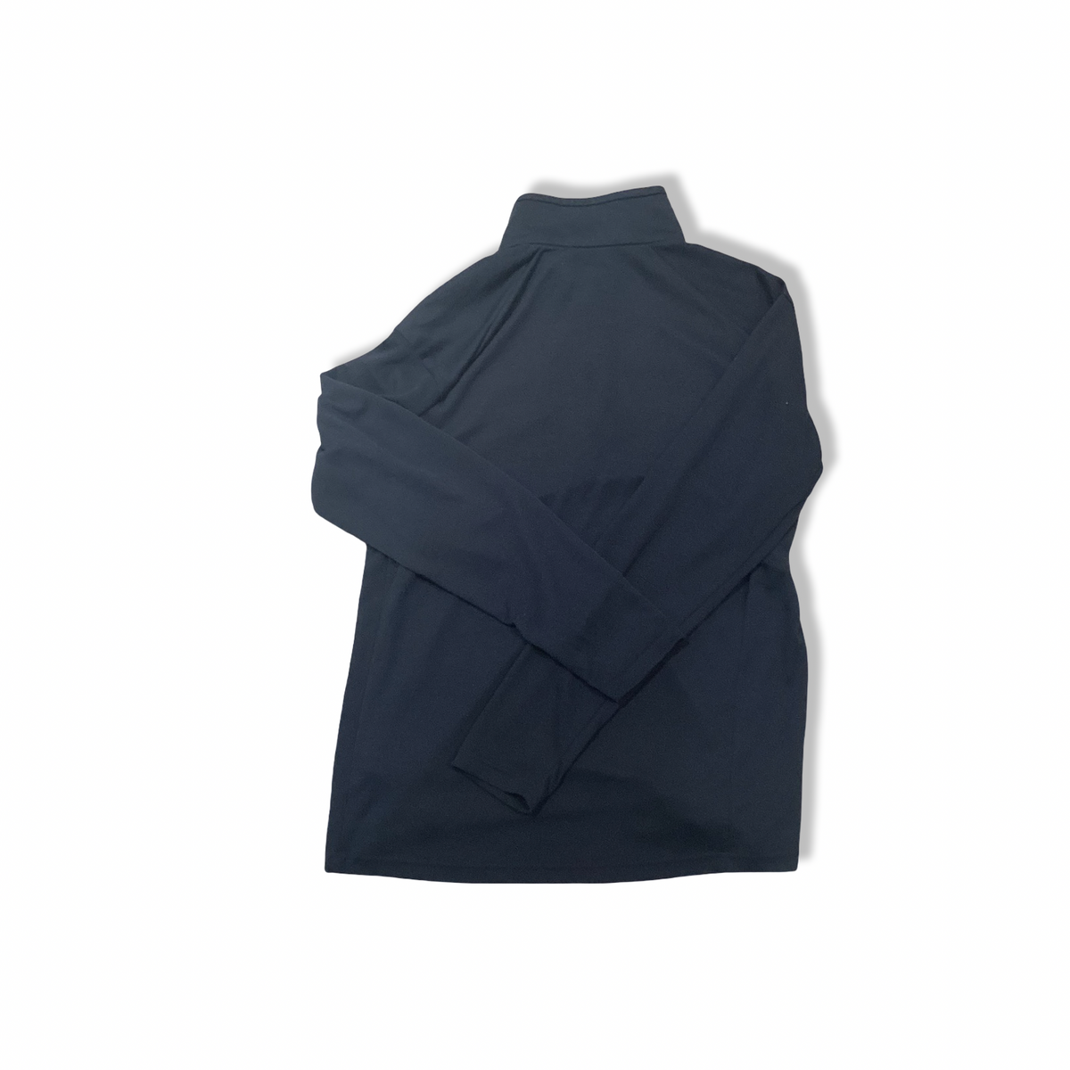 Back view of a blue Helly Hansen men's thermal top with a high collar against a white background.