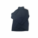 Back view of a blue Helly Hansen men's thermal top with a high collar against a white background.