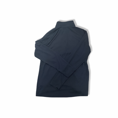 Back view of a blue Helly Hansen men's thermal top with a high collar against a white background.