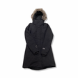 Black The North Face women's down jacket with a fur-trimmed hood, front view against a white background.