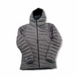 Grey Norröna women's Tamok Light Weight Down750 hooded jacket, front view against a white background.